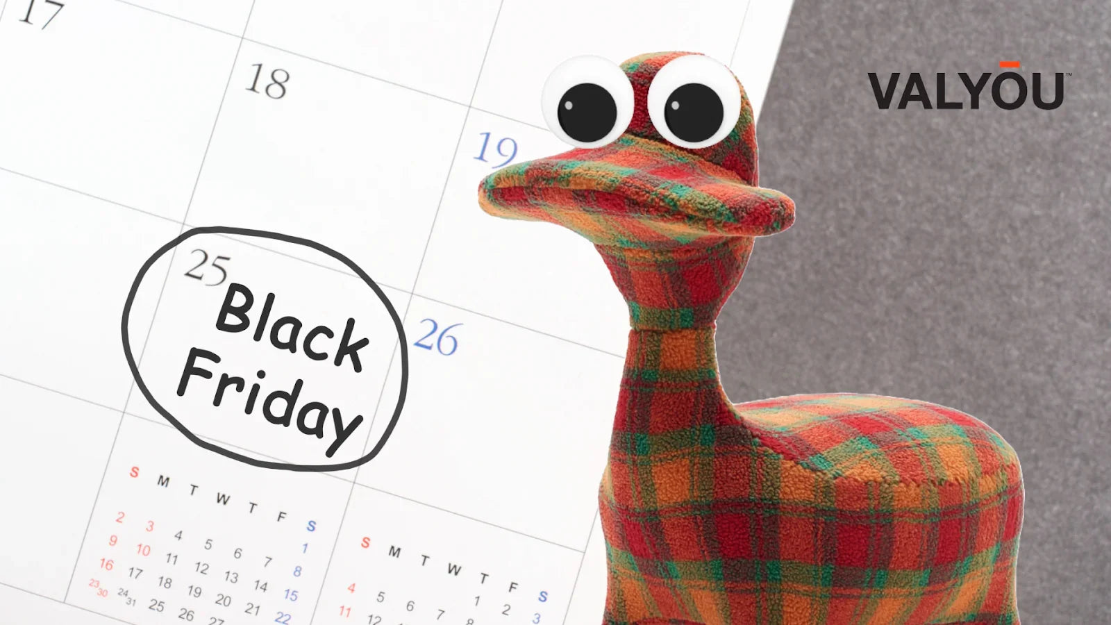A calendar dated for the best of Black Friday deals on November 25 with a plaid lounge chair emphasizing seasonal sales at top furniture stores.