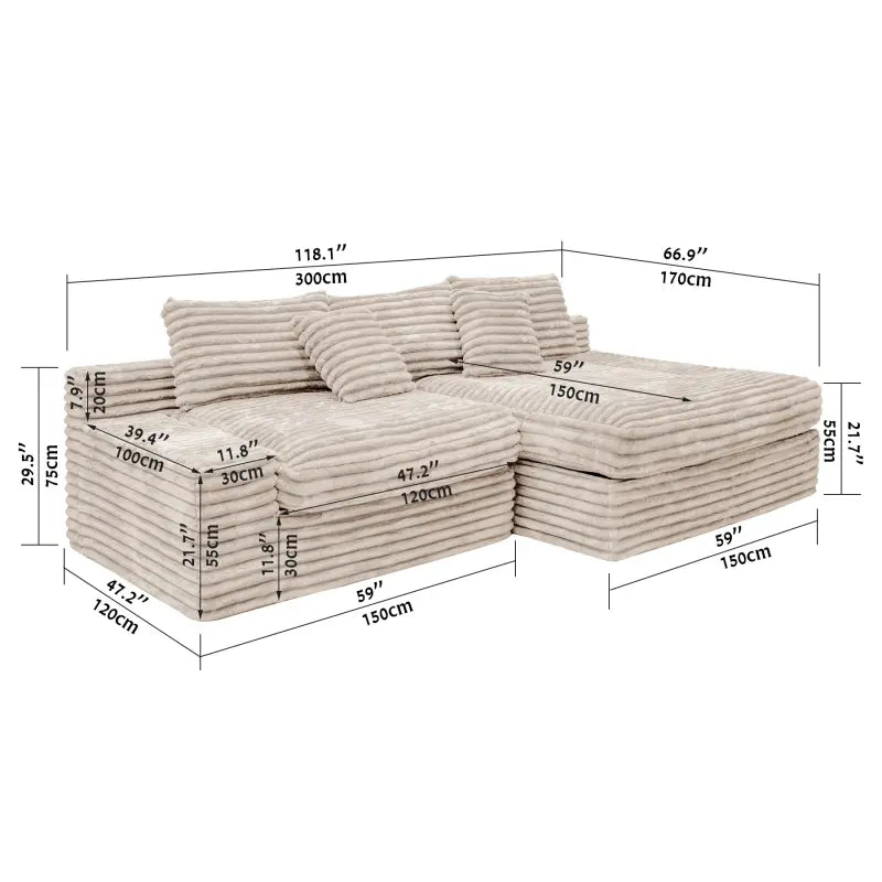 Flexo Corduroy Modular Loveseat Sofa with Chaise-Facing Right