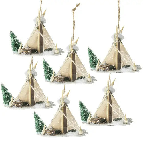 Set of 6 Light Up Cardboard Tent Ornaments with Tree and Star Cutouts