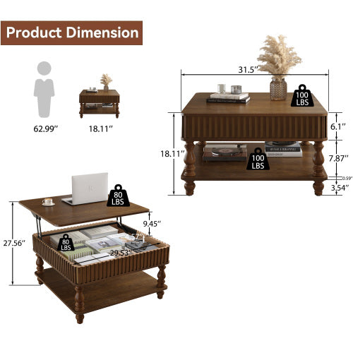 31.5'' Square Fluted Lift-Top Coffee Table with Hidden and Open Storage