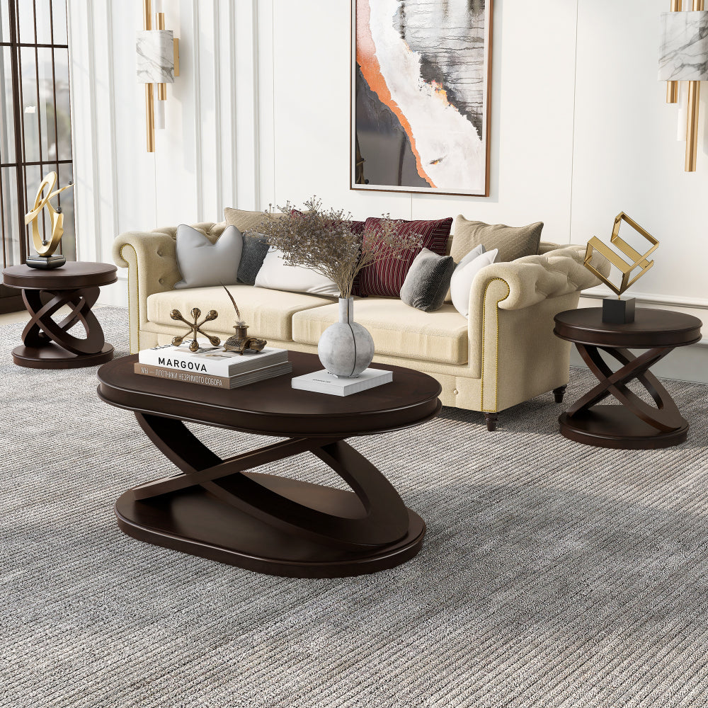 44'' Wood Oval Coffee Table with Open Storage and X-Shaped Base