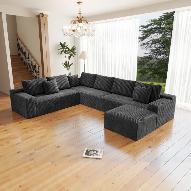 Flexo Corduroy Modular 6-Seat Sectional Couch with ottoman
