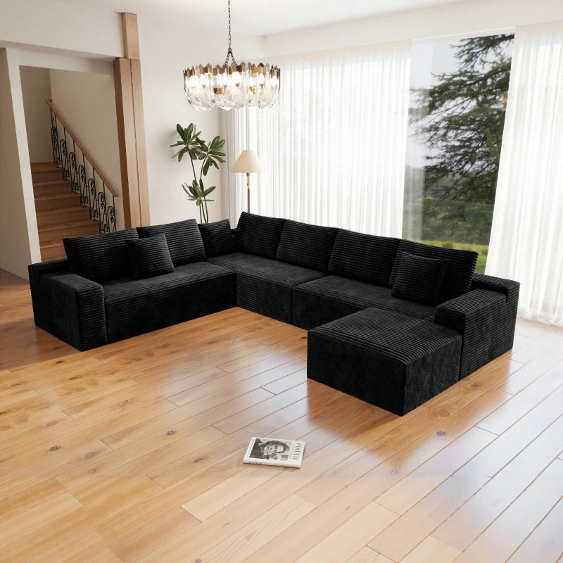 Flexo Corduroy Modular 6-Seat Sectional Couch with ottoman