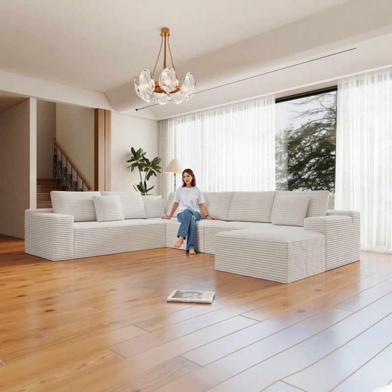 Flexo Corduroy Modular 6-Seat Sectional Couch with ottoman