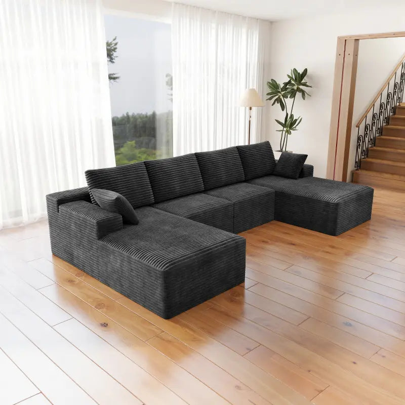 Flexo Corduroy Modular Sectional U-Shaped Sofa with Double Chaise