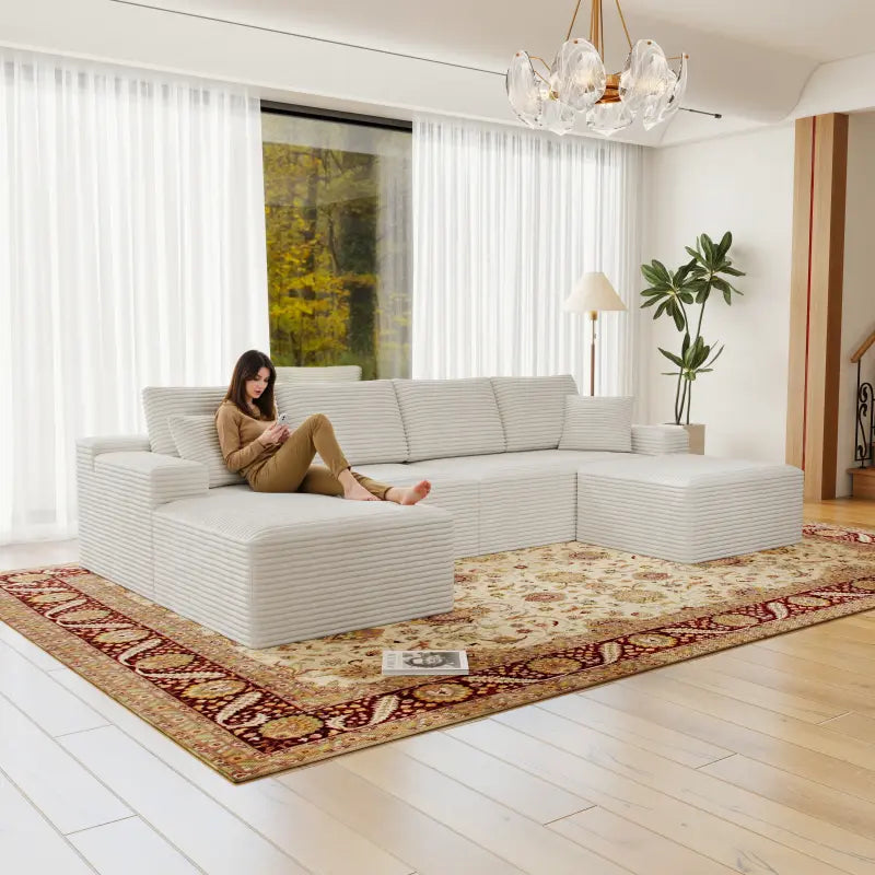 Flexo Corduroy Modular Sectional U-Shaped Sofa with Ottoman