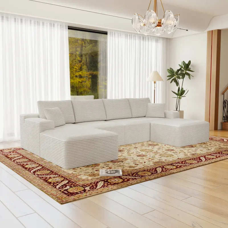 Flexo Corduroy Modular Sectional U-Shaped Sofa with Ottoman