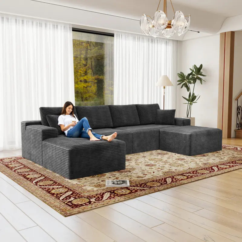 Flexo Corduroy Modular Sectional U-Shaped Sofa with Ottoman