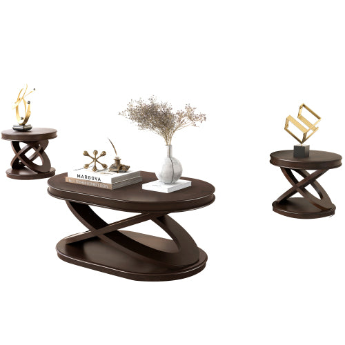 44'' Wood Oval Coffee Table with Open Storage and X-Shaped Base