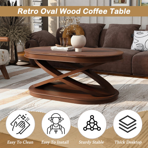44'' Wood Oval Coffee Table with Open Storage and X-Shaped Base