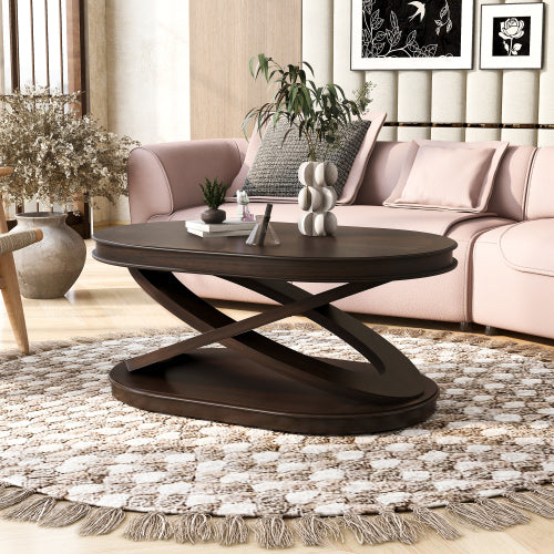 44'' Wood Oval Coffee Table with Open Storage and X-Shaped Base