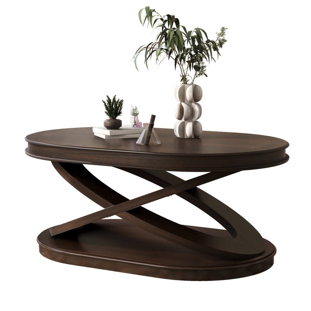 44'' Wood Oval Coffee Table with Open Storage and X-Shaped Base