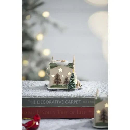 Set of 6 Light Up Cardboard Tent Ornaments with Tree and Star Cutouts