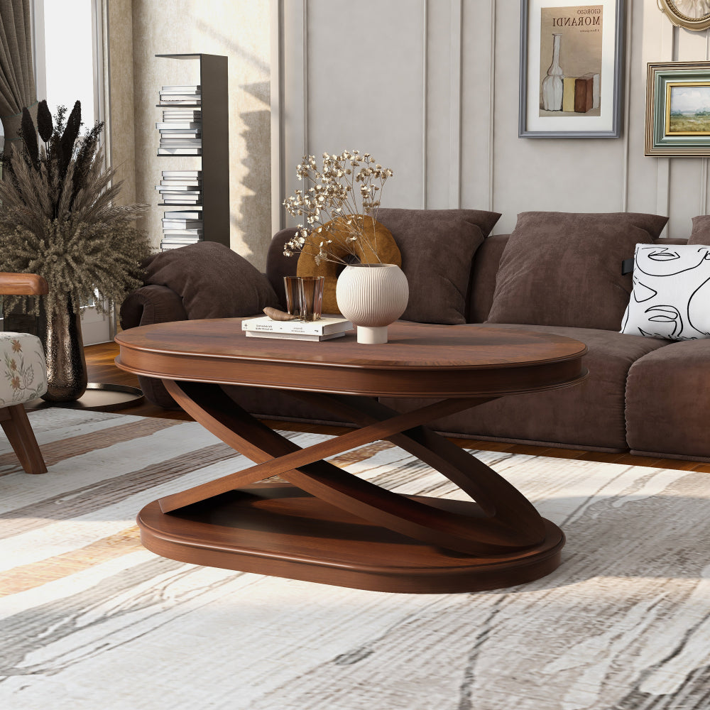 44'' Wood Oval Coffee Table with Open Storage and X-Shaped Base