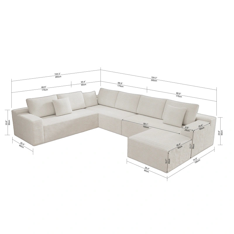 Flexo Corduroy Modular 6-Seat Sectional Couch with ottoman