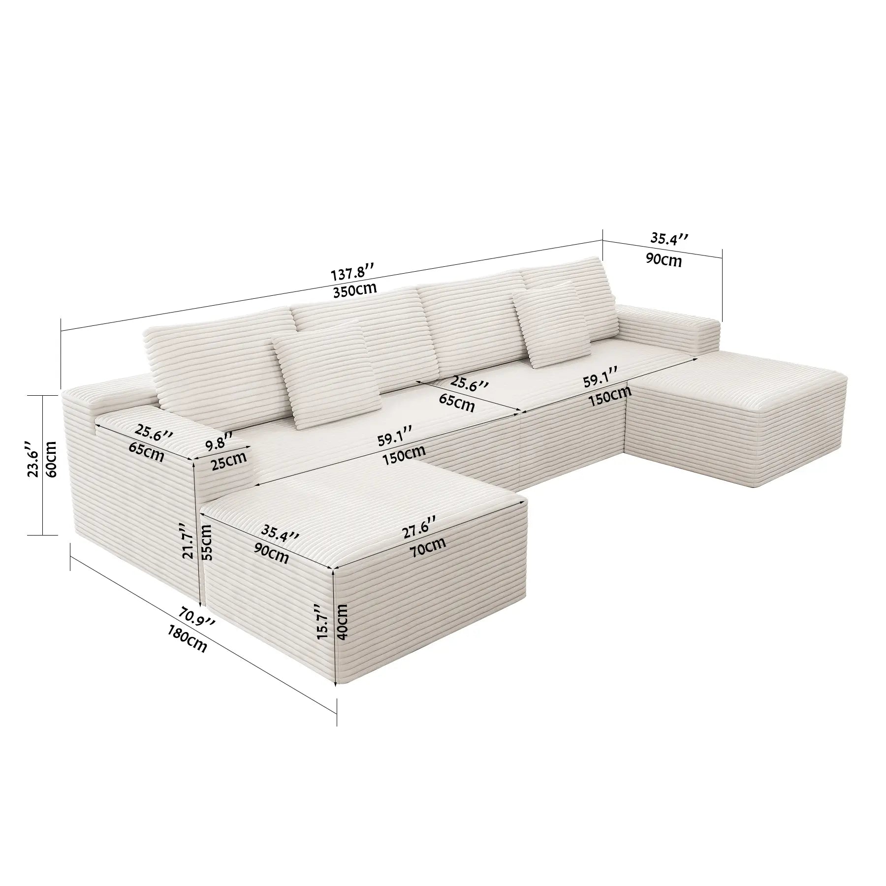 Flexo Corduroy Modular U-Shaped Sectional Couch with 2 ottomans