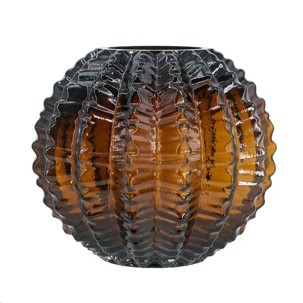 Amber Textured Round Glass Vase 6.7x6 Inch Unique Home Decor Centerpiece