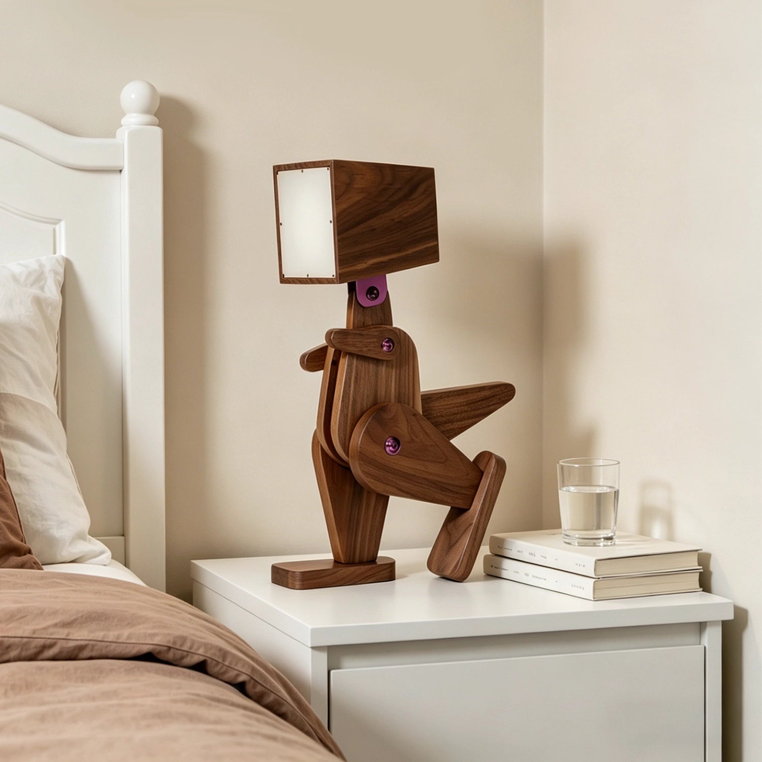 Wooden lamp shaped like a dog on a nightstand next to a bed #1234