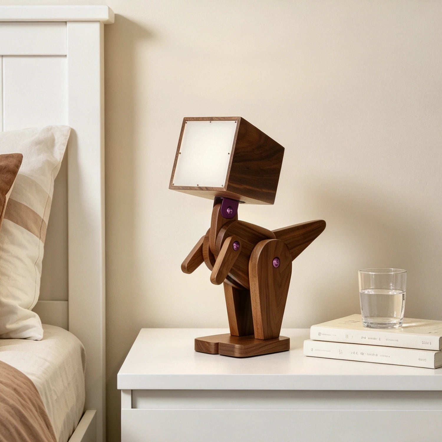Wooden dog-shaped lamp on a nightstand next to a bed