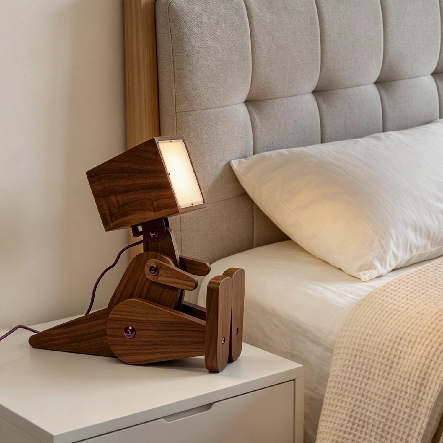 Wooden dog-shaped lamp on a nightstand next to a bed with a headboard and pillow.