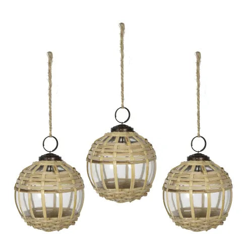 Bamboo Christmas Ornaments Set of 3 Woven Glass Ball Decor 3.3 Inch
