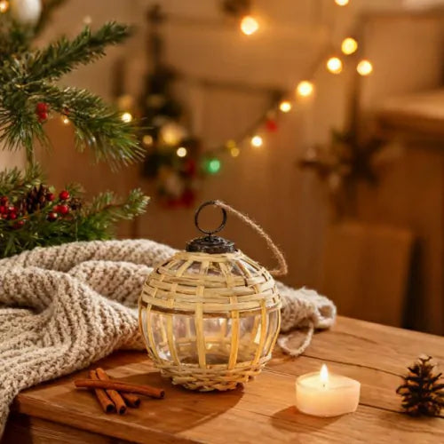 Bamboo Christmas Ornaments Set of 3 Woven Glass Ball Decor 3.3 Inch