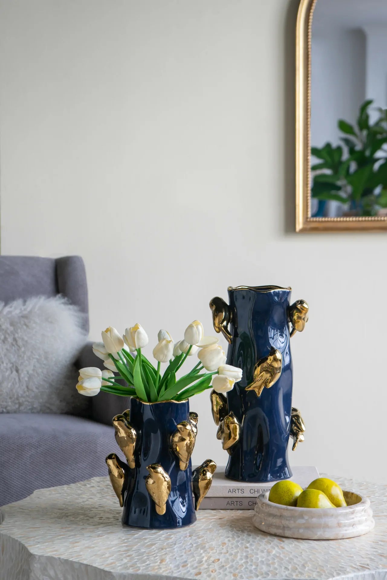 Blue Ceramic Tree Branch Vase with Gold Bird Accents 9.5 Inch Home Decor