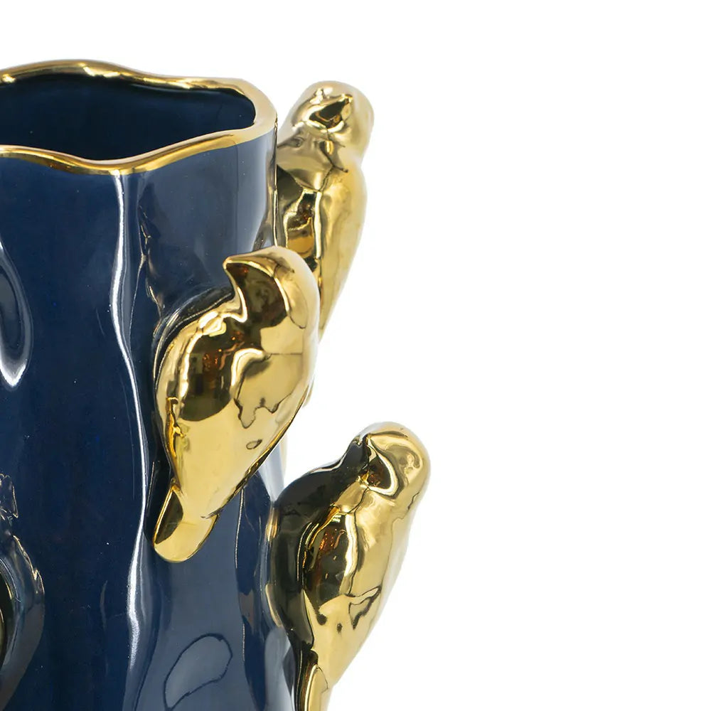 Blue Ceramic Tree Branch Vase with Gold Bird Accents 9.5 Inch Home Decor
