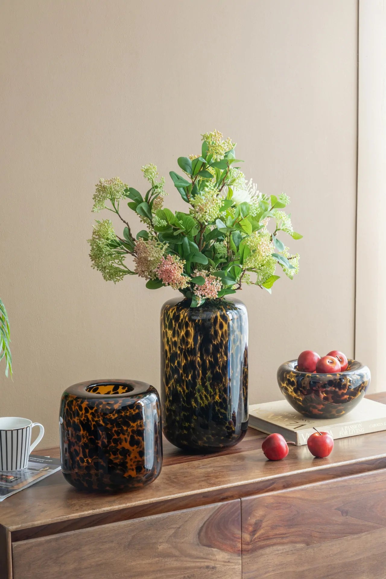 Brown and Amber Cheetah Print Glass Vase 7.9 Inch Short Cylinder Planter