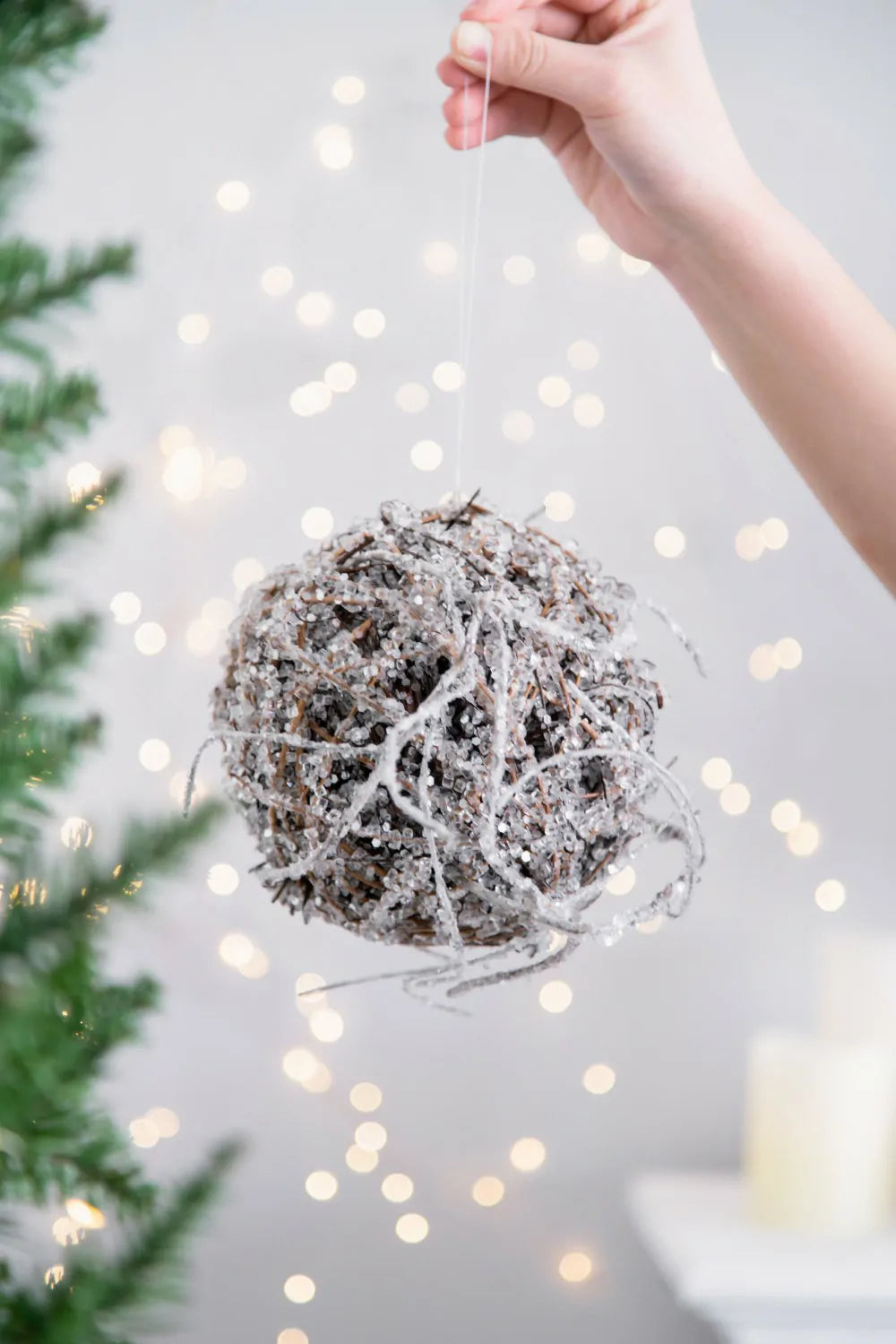 Frosted Christmas Ornaments Set of 4 Natural Sparkling Twig Balls