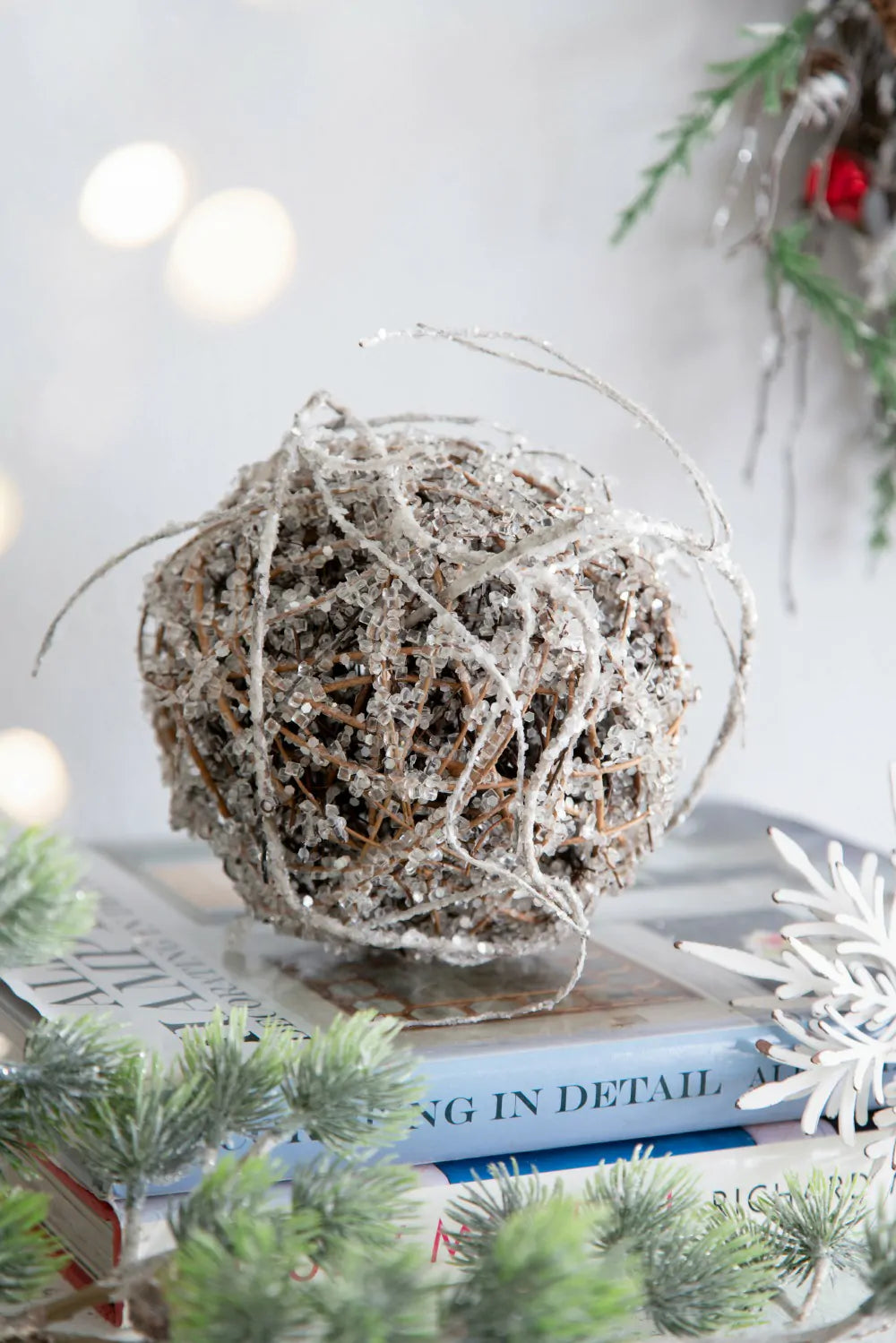 Frosted Christmas Ornaments Set of 4 Natural Sparkling Twig Balls