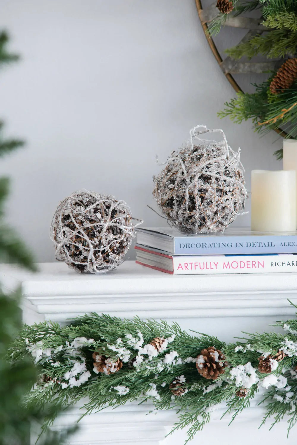 Frosted Christmas Ornaments Set of 4 Natural Sparkling Twig Balls