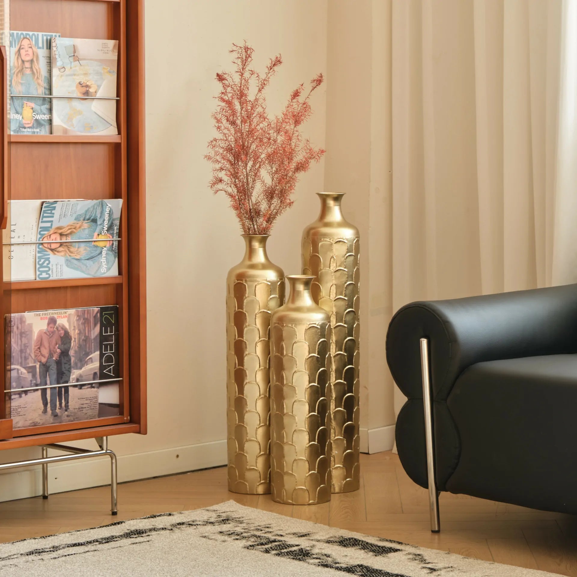 Gold Scale Texture Metal Floor Vases Set of 3 Modern Home Decor