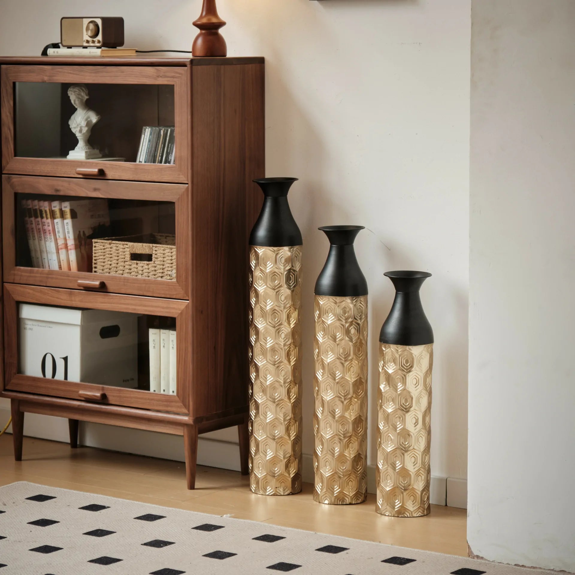 Gold and Black Scale Texture Metal Floor Vases Set of 3 Modern Home Decor