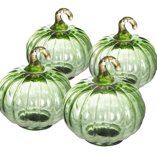 Green Glass Pumpkin Decor – 4pcs Fall & Thanksgiving Ornaments