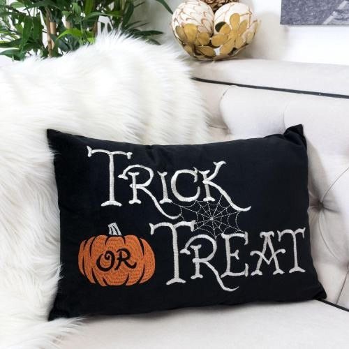 Halloween Trick or Treat Lumbar Pillow – Black Embroidered Cushion