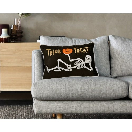 Halloween Velvet Skeleton Pillow – Trick or Treat Lumbar Cushion
