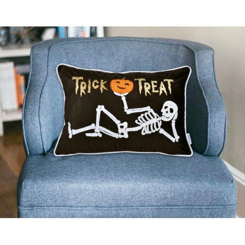 Halloween Velvet Skeleton Pillow – Trick or Treat Lumbar Cushion