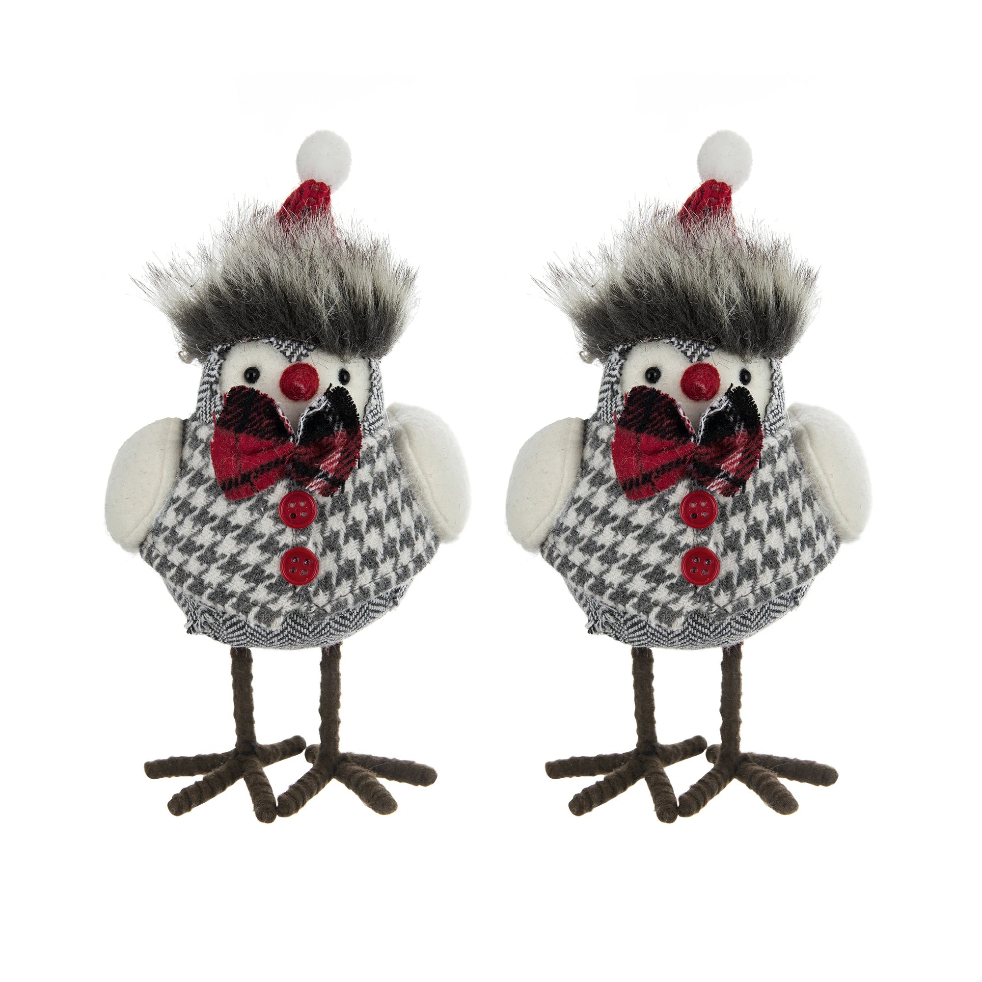 Holiday Decor Fabric Birds with Plaid Bow & Red Hat, 2 Pack