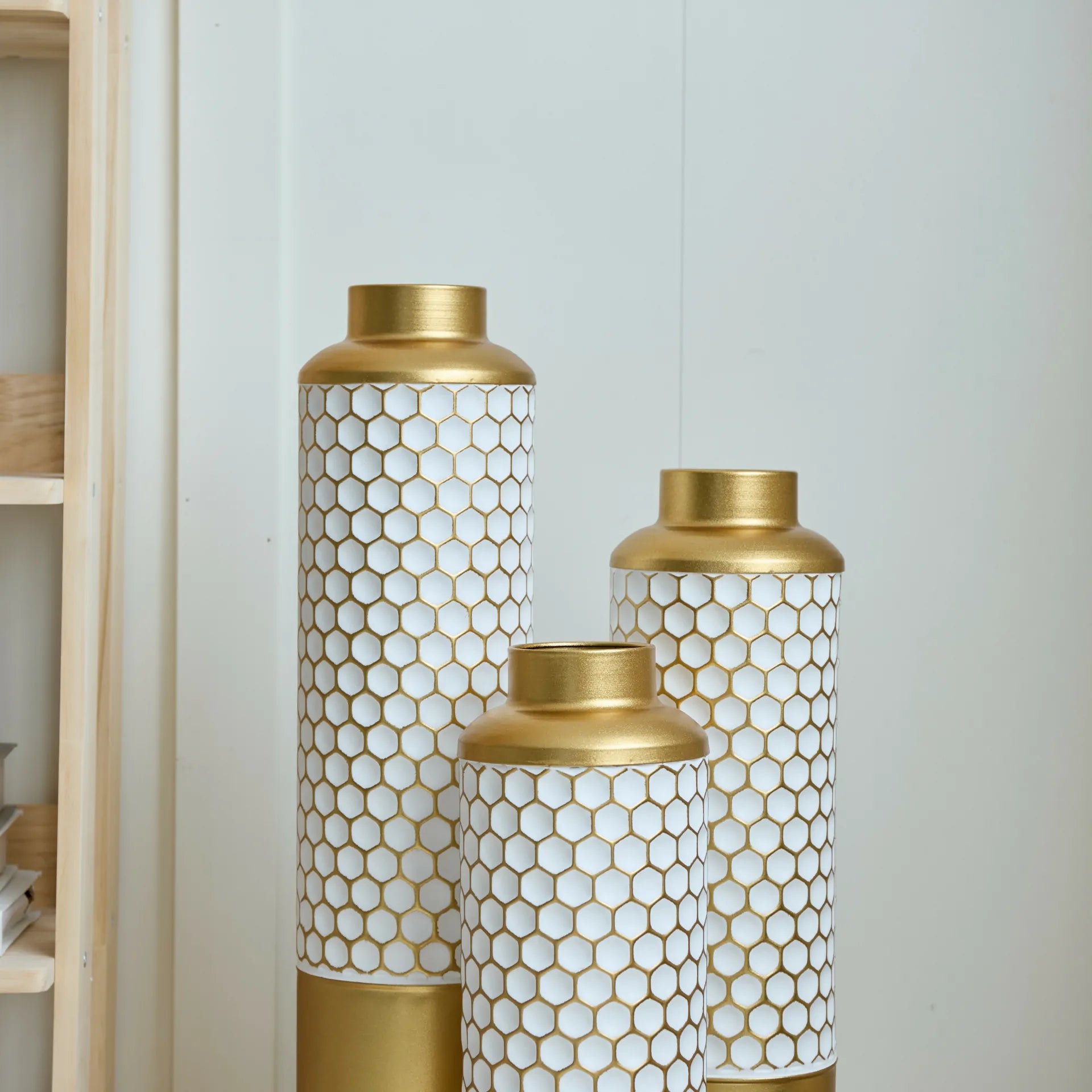 Modern White Droplet Floor Vase Set of 3 with Gold Base