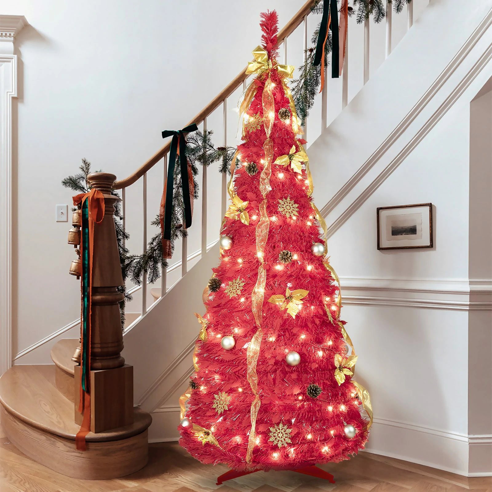 Red Pop-Up Christmas Tree with 150 LED Lights & Ornaments
