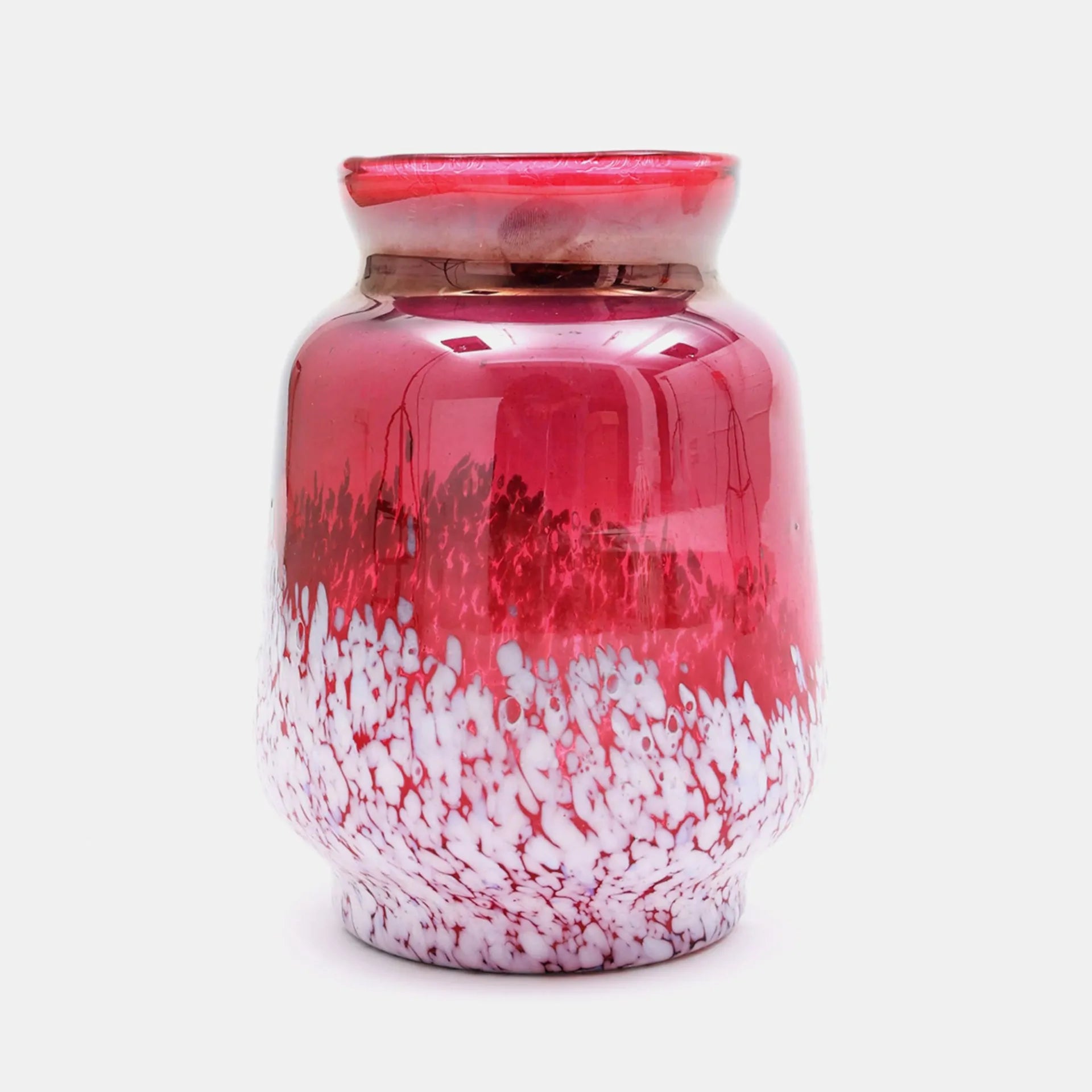 Red and White Splatter Glass Vase 6x8 Inch Handcrafted Art Piece