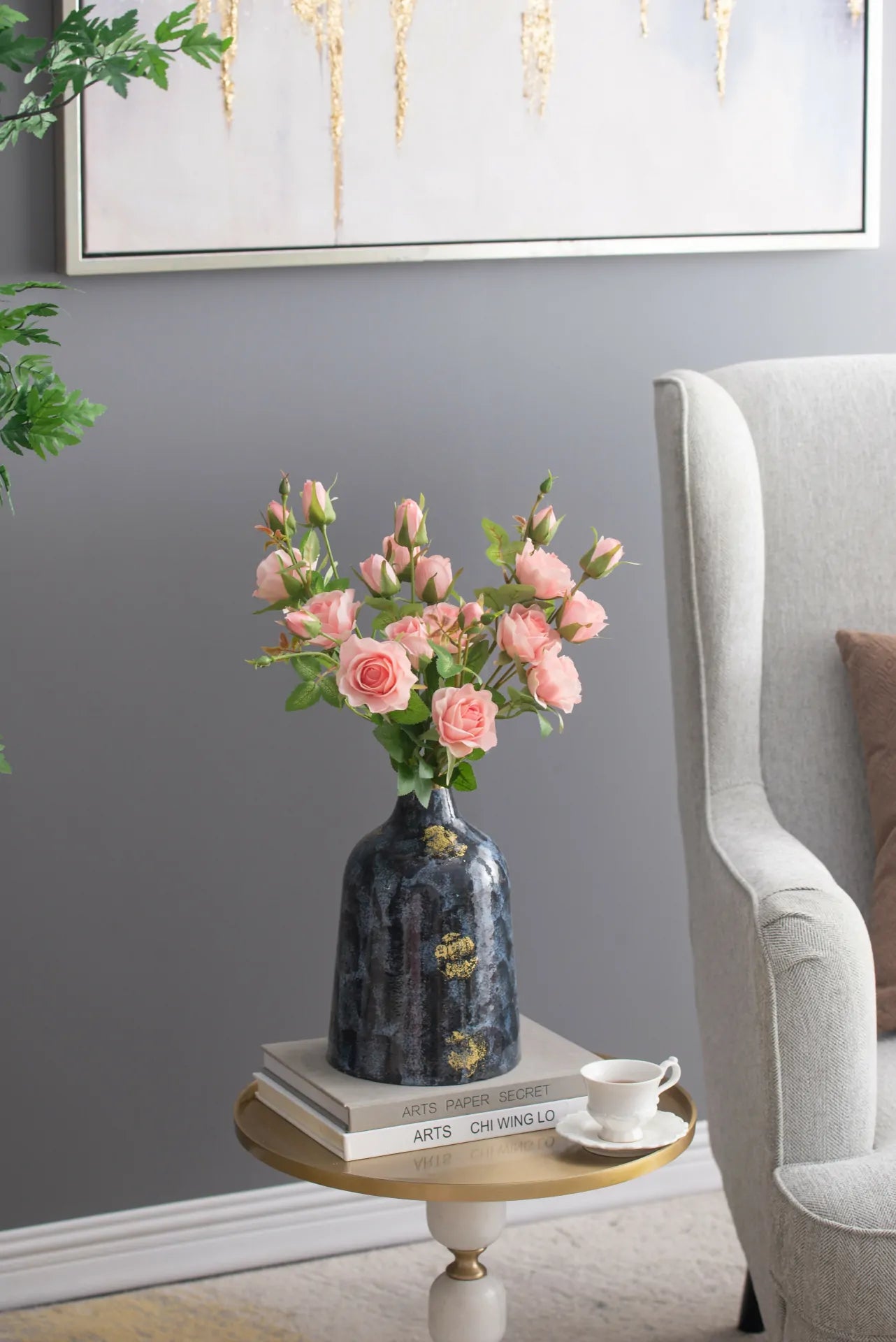 Royal Blue and Gold Glass Vase 10.2 Inch Elegant Home Decor Centerpiece