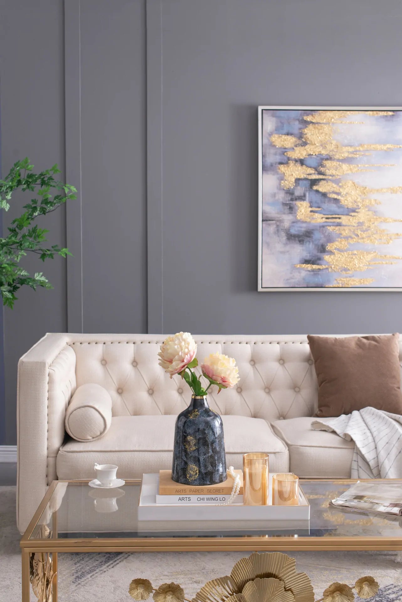 Royal Blue and Gold Glass Vase 10.2 Inch Elegant Home Decor Centerpiece