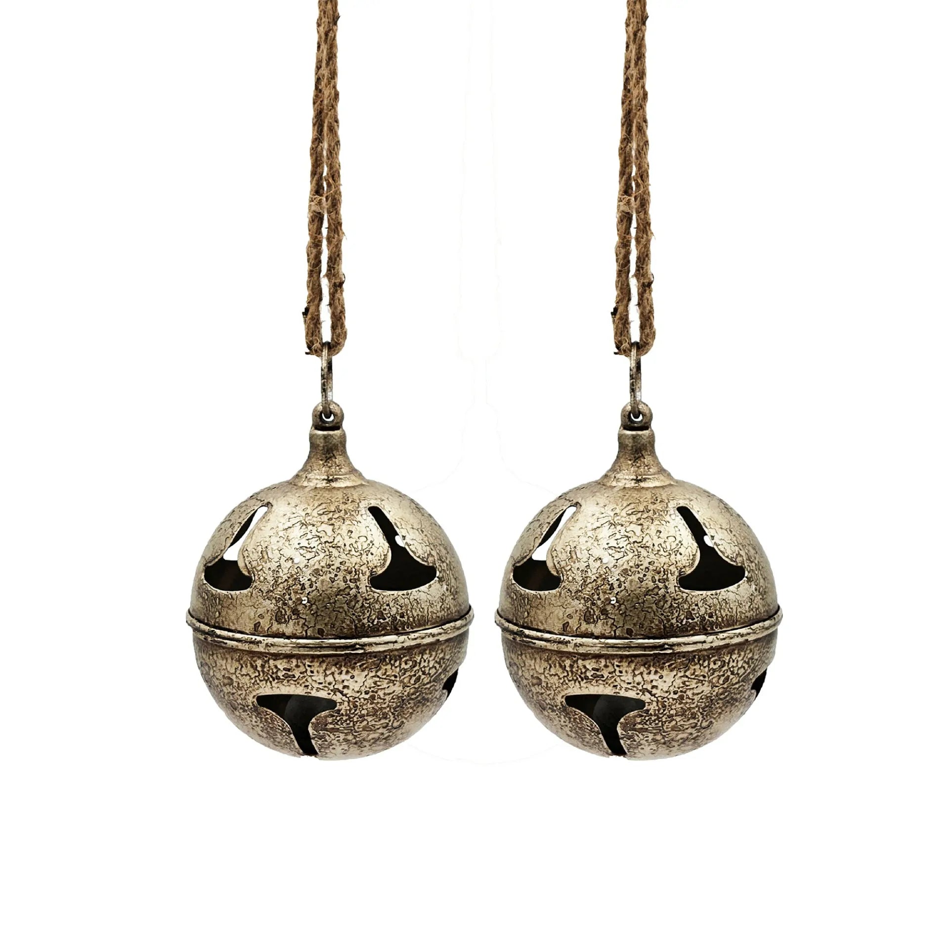 Rustic Christmas Ornaments Set of 2 Metal Bells with Natural Jute