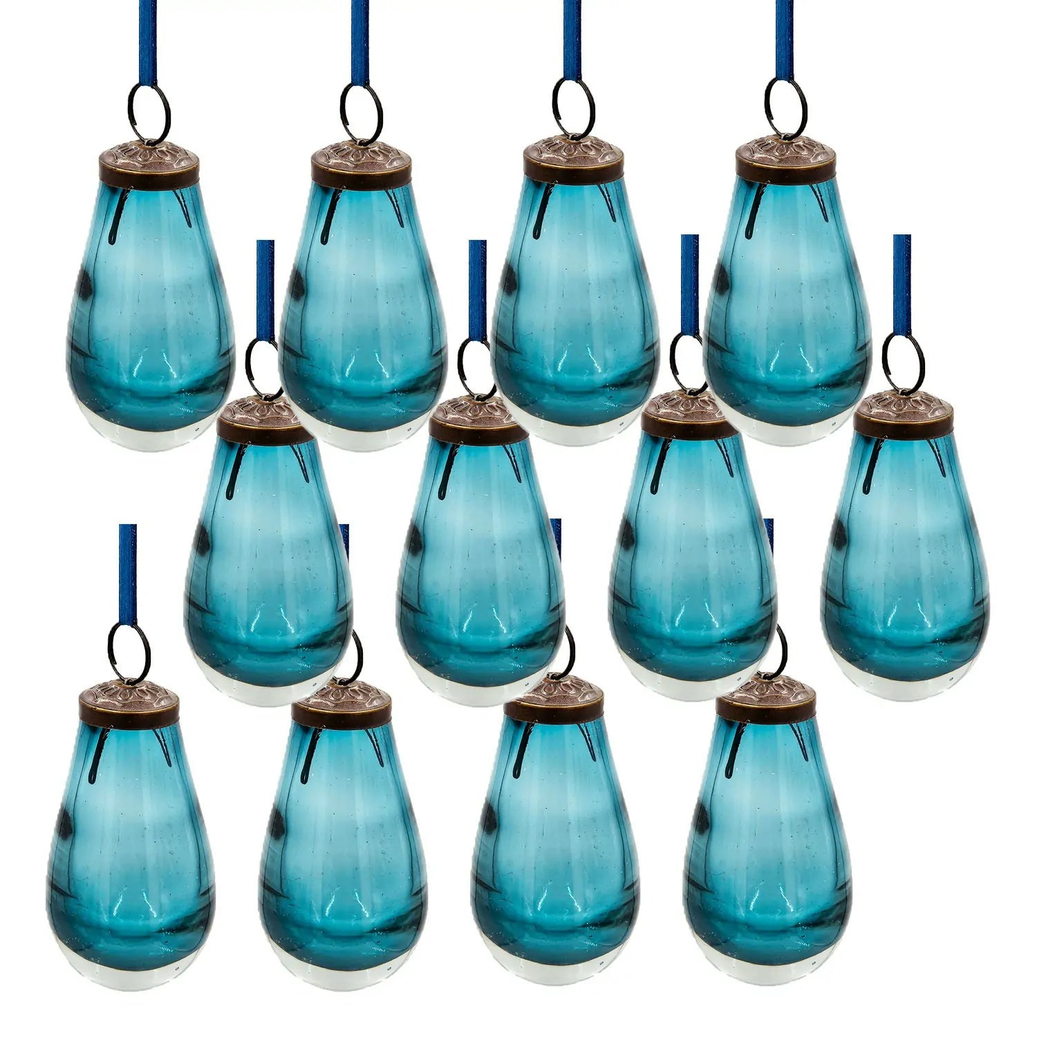 Set of 12 Teal Teardrop Glass Ornaments with Antique Bronze Top 3.7 Inch