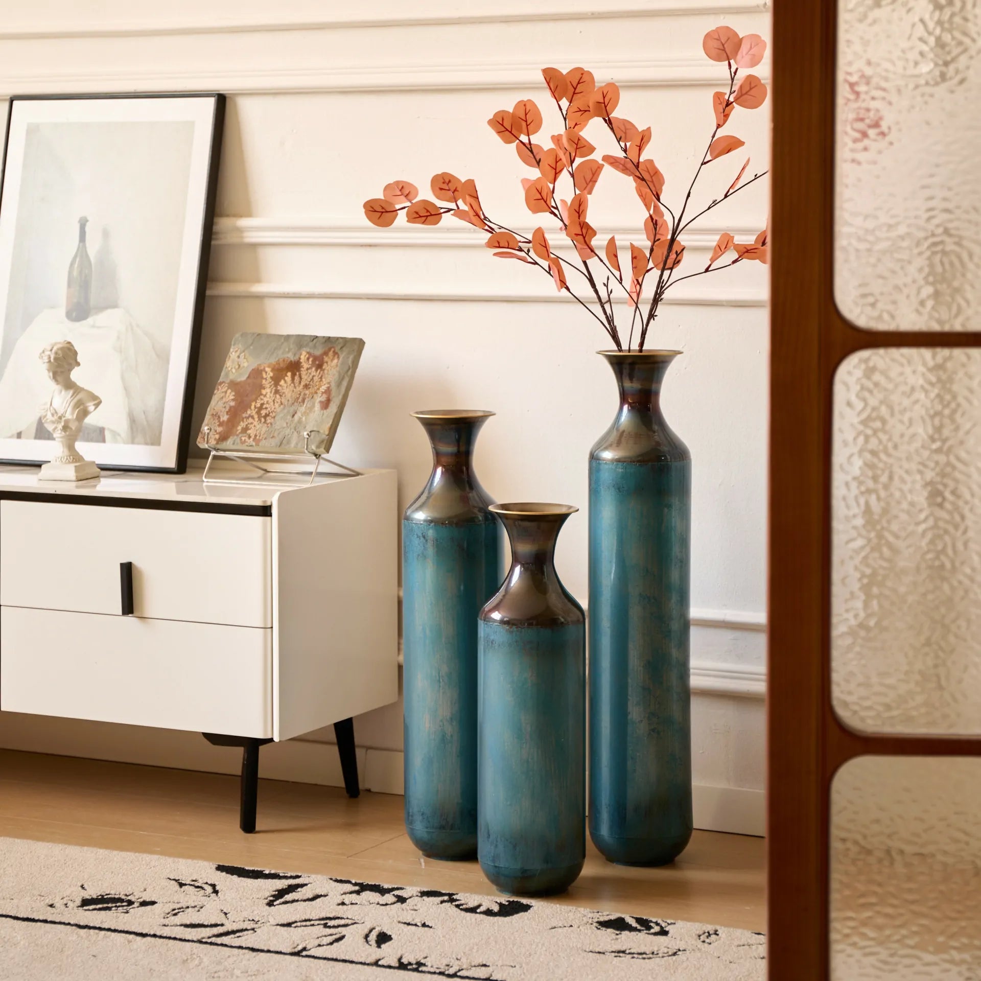 Set of 3 White Droplet Metal Floor Vases Modern Glazed Home Decor