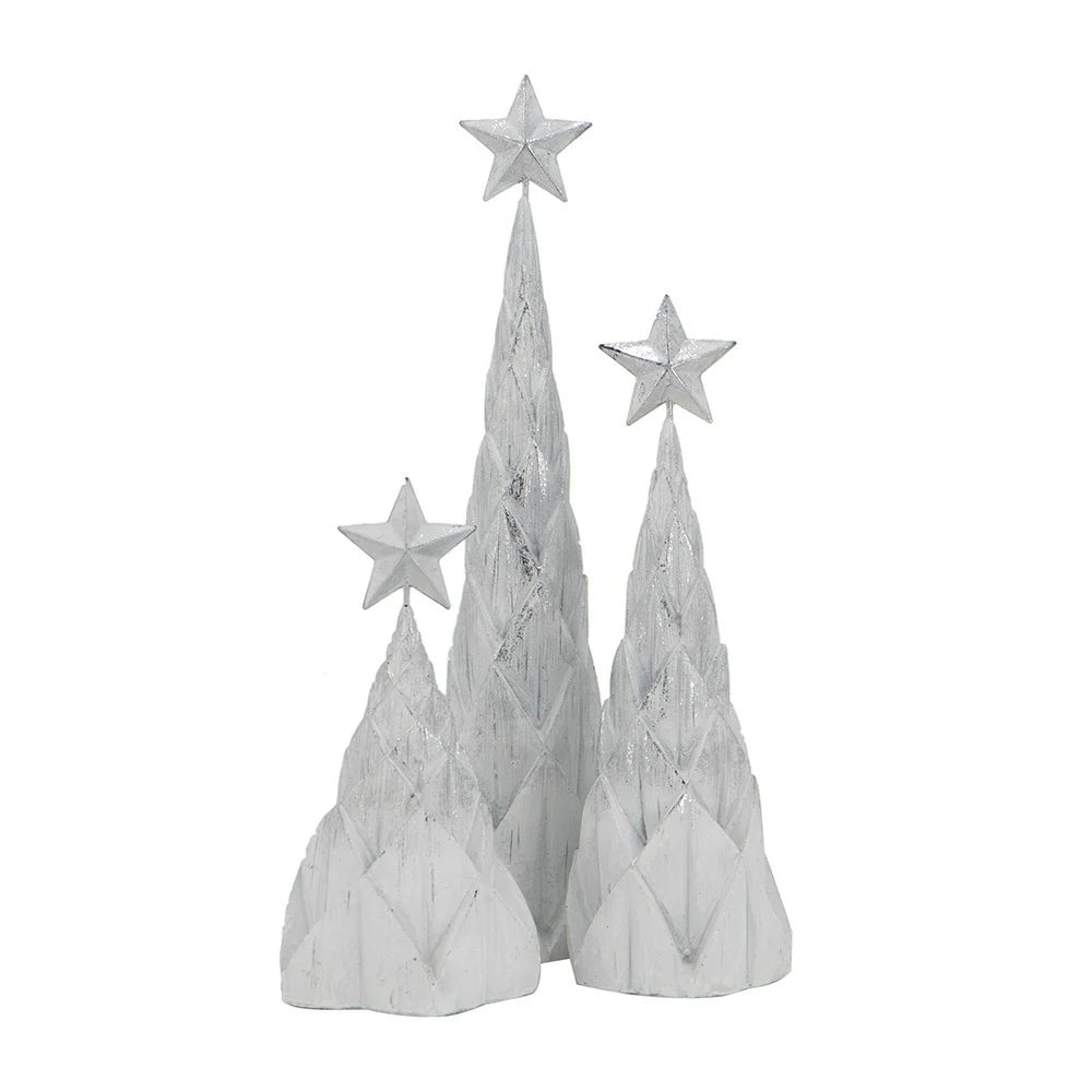 Set of 3 White Silver Resin Christmas Trees with Star Top