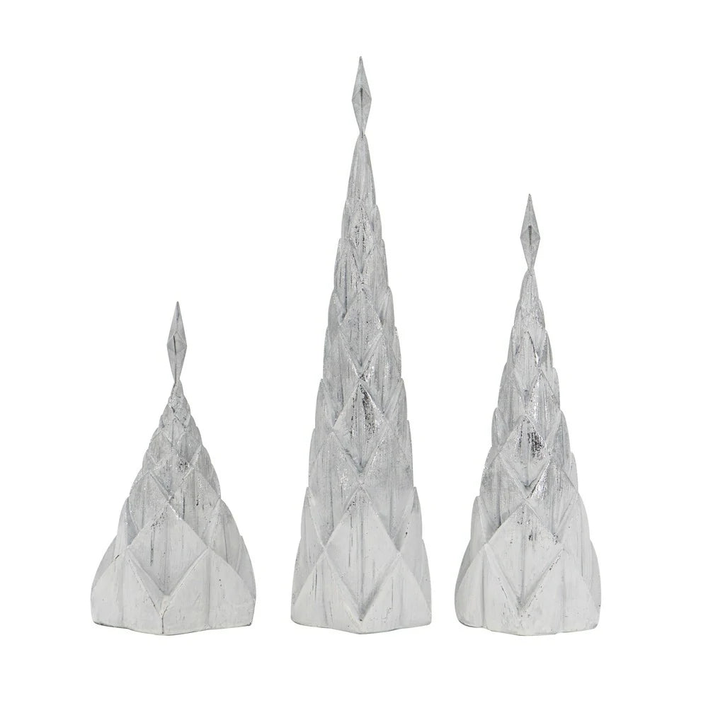 Set of 3 White Silver Resin Christmas Trees with Star Top