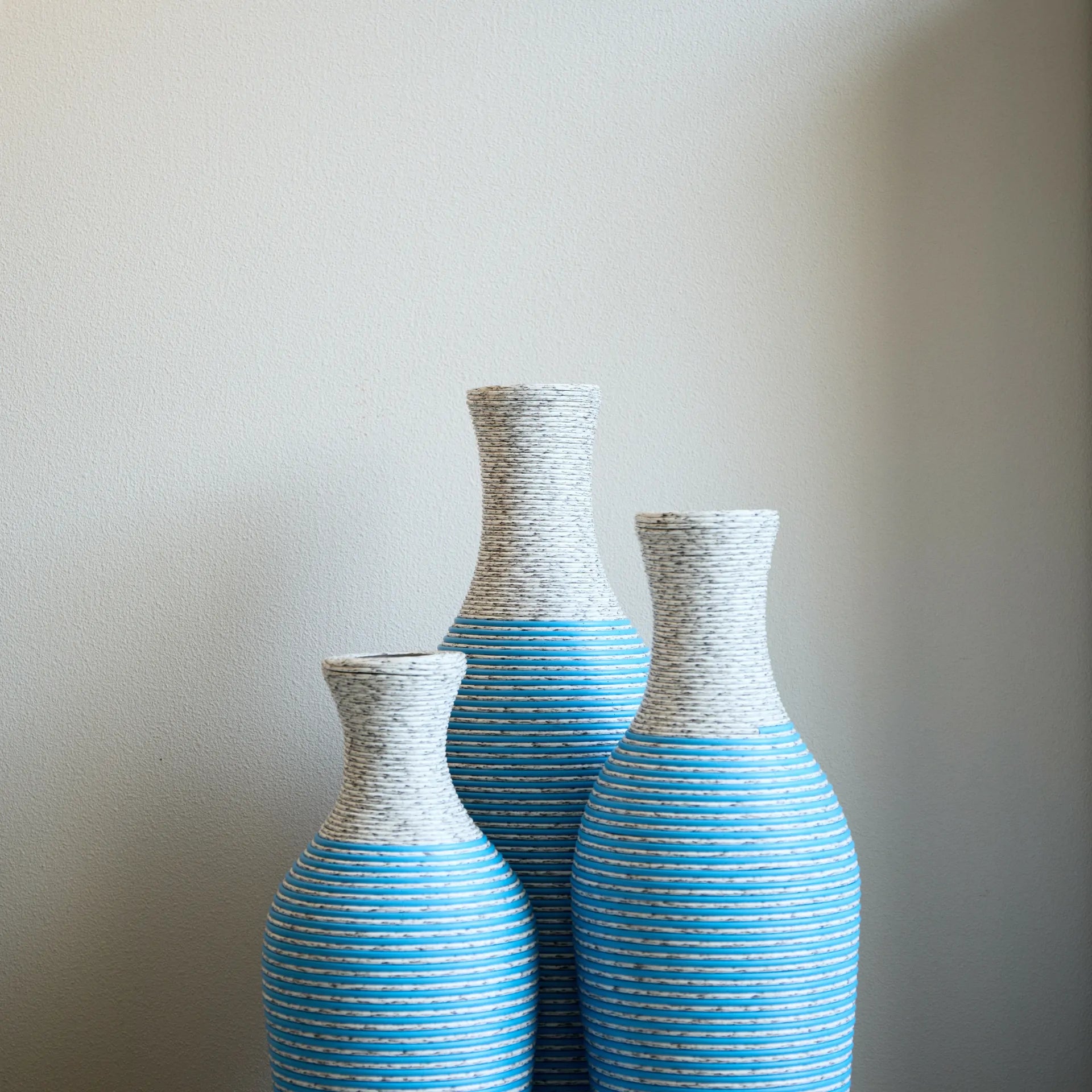 Set of 3 Woven Texture Floor Vases in Blue and White Modern Home Decor